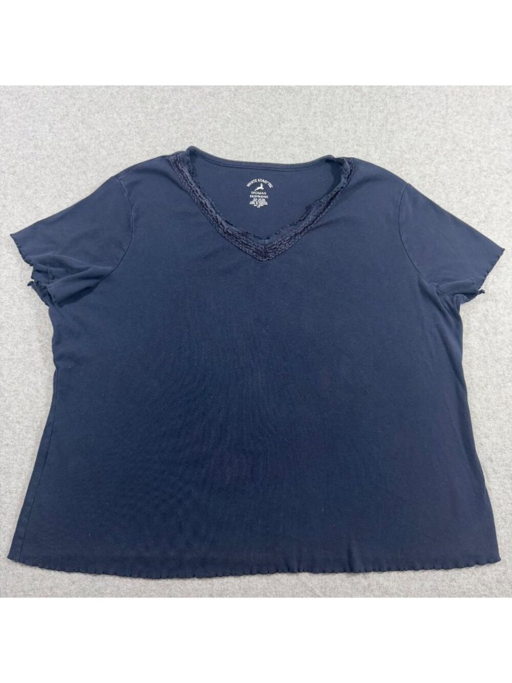 White Stag Women's Plus 3X 22W 24W Navy Lace Trim V-Neck Cotton T-Shirt